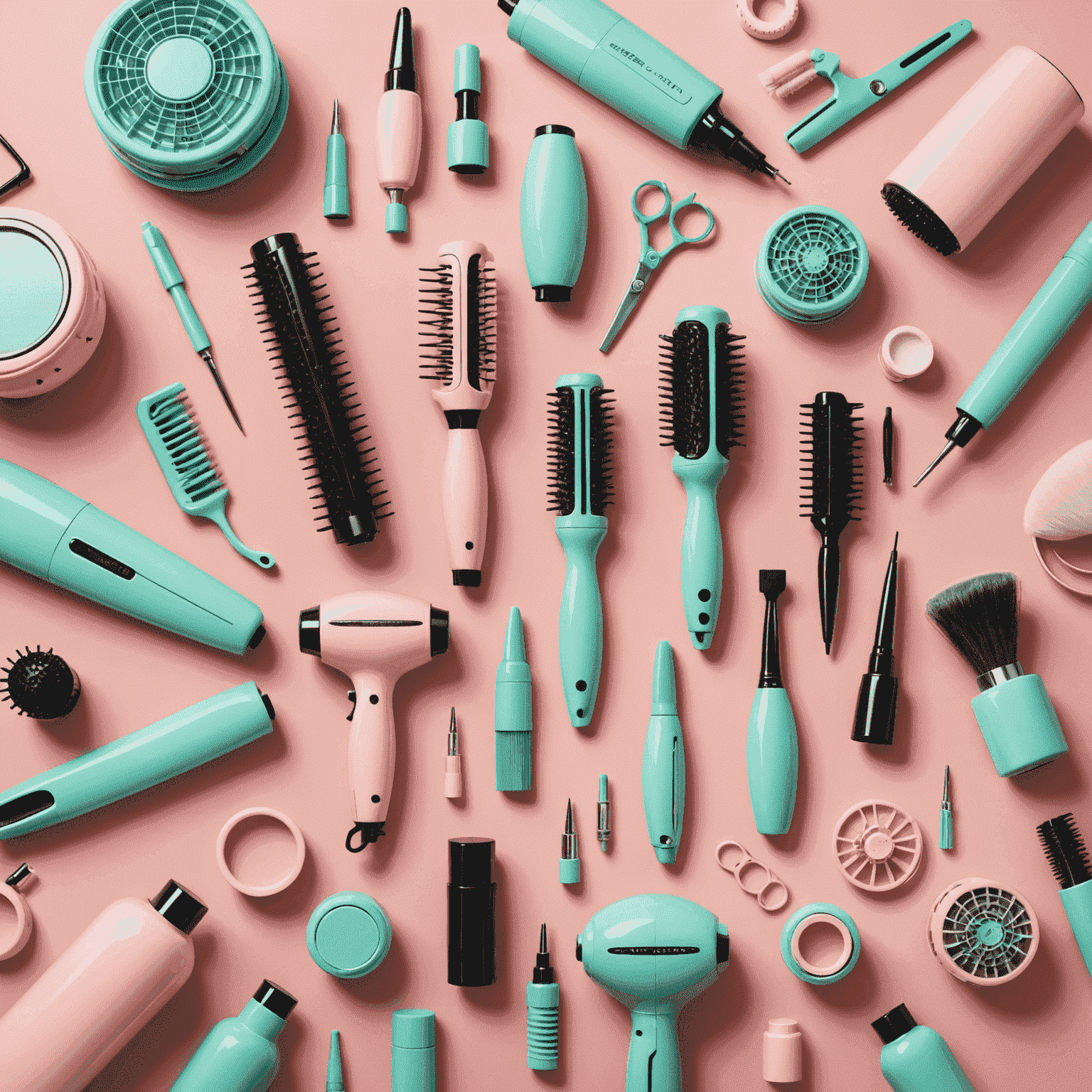 Retro-futuristic collage of hair styling tools, fashion items, and beauty products with a soft pastel color scheme