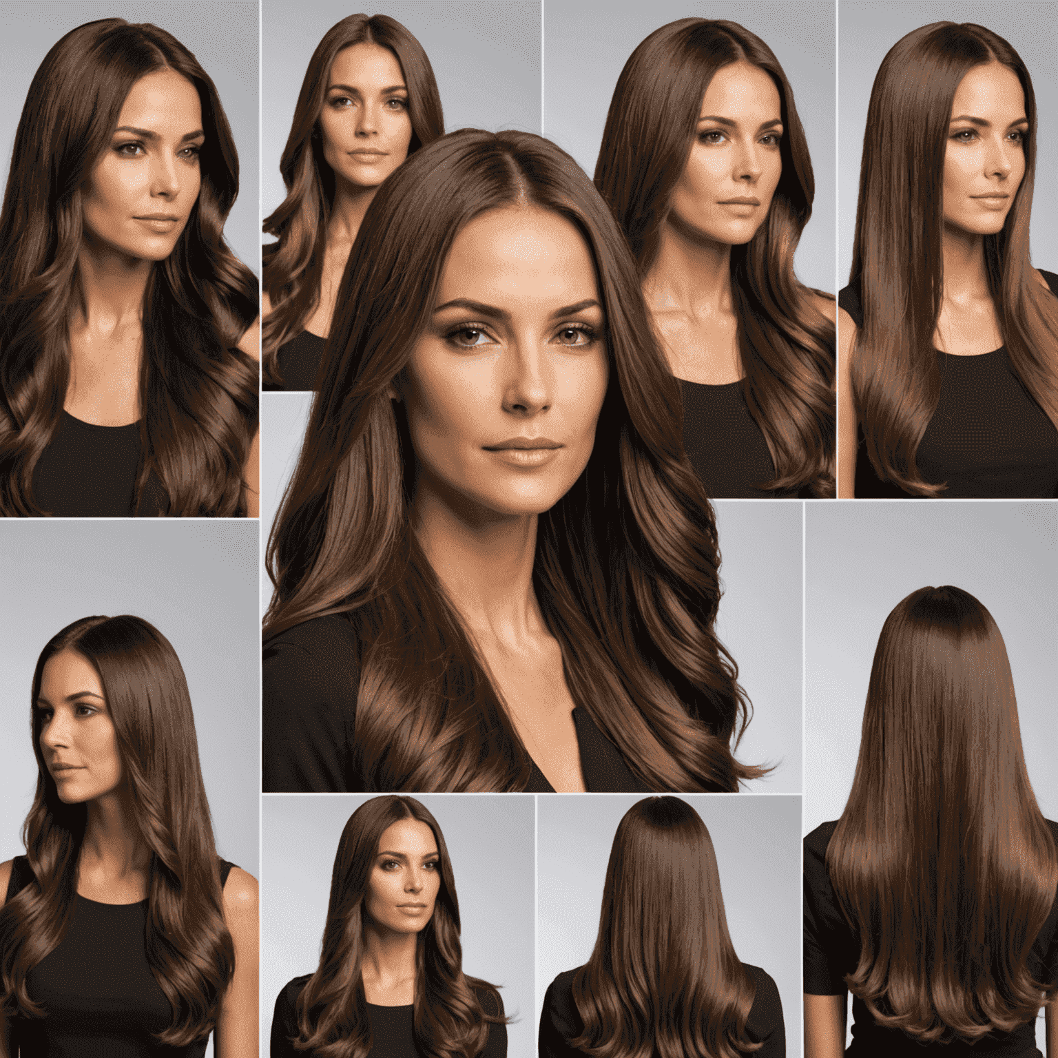 Woman with long, shiny hair demonstrating various hair care techniques