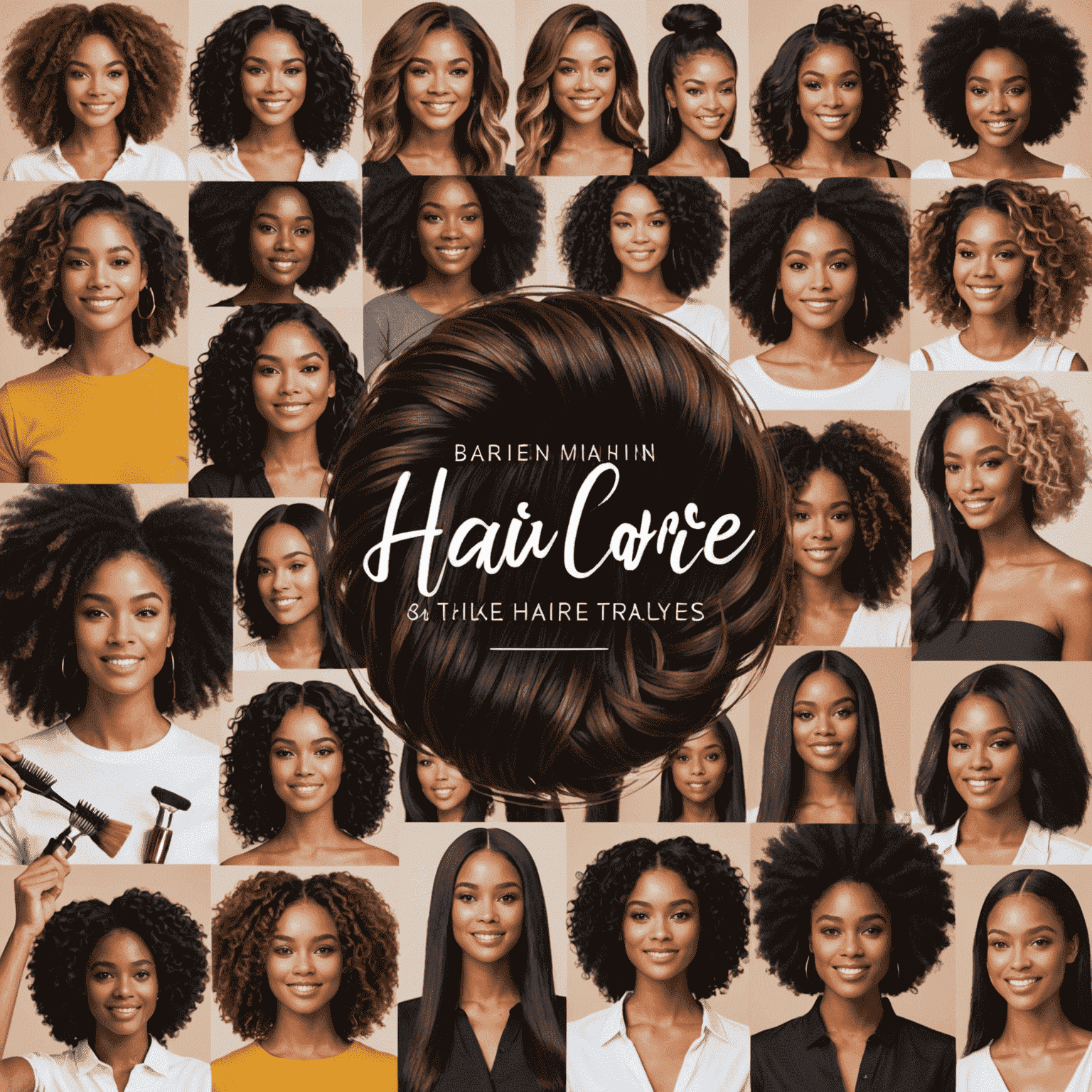 A collage of hair care products and beautiful, healthy hair styles. The image showcases various hair textures and colors, with people using brushes, applying masks, and styling their hair.