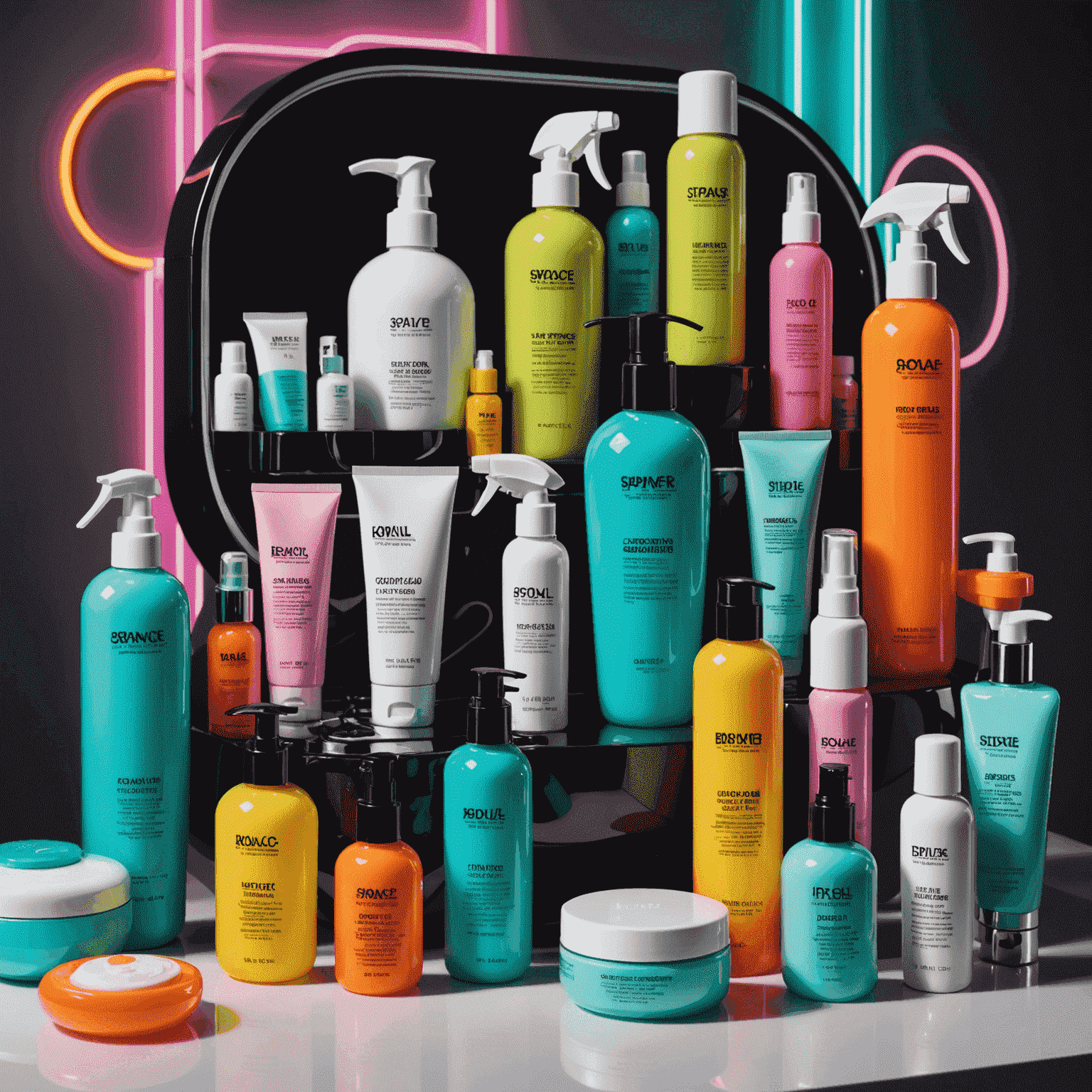 Collage of various hair styling products including sprays, gels, and creams arranged on a retro-futuristic vanity with neon accents