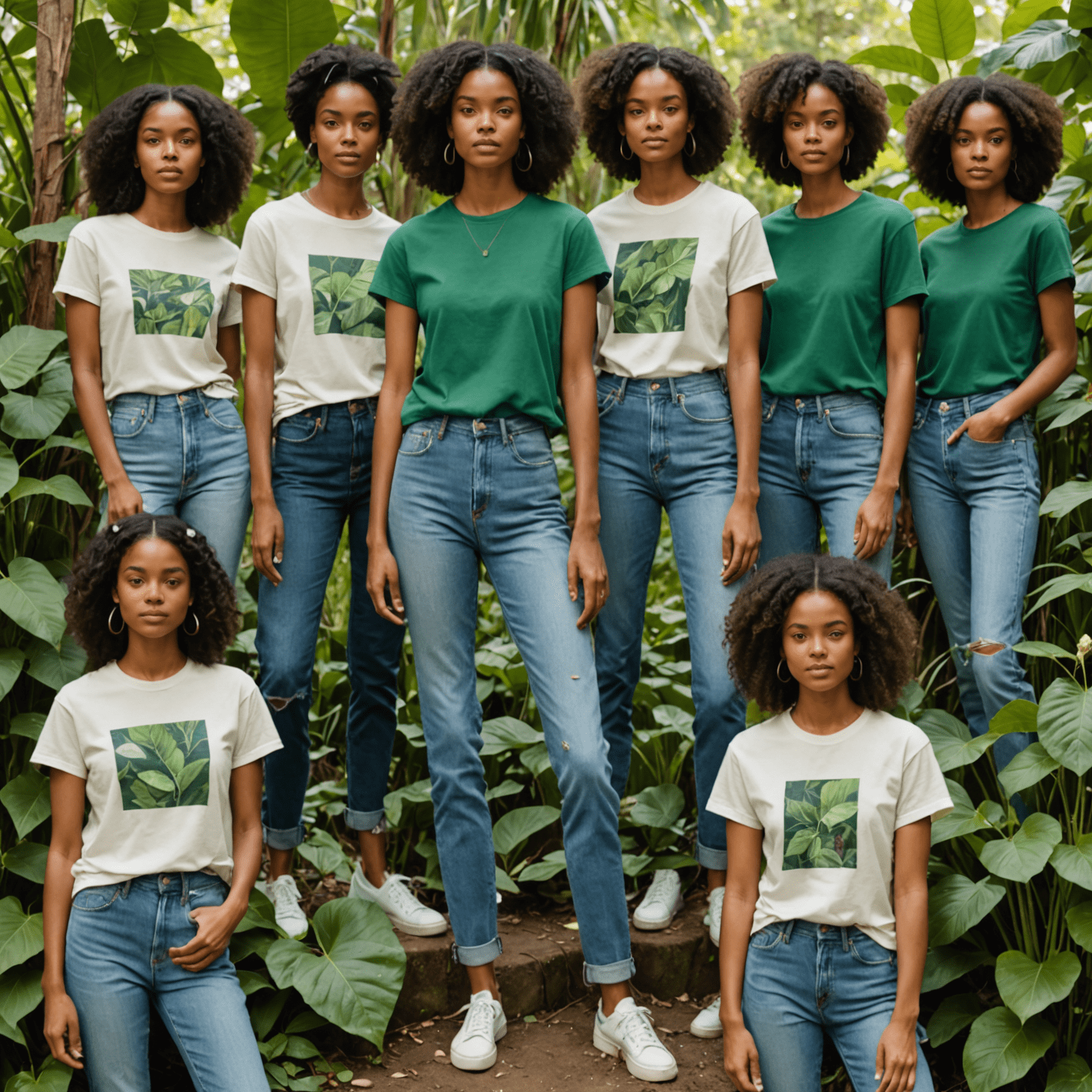 Collage of sustainable fashion pieces including organic cotton t-shirts, recycled denim jeans, and accessories made from upcycled materials. Models wearing these items pose in a lush, green environment.
