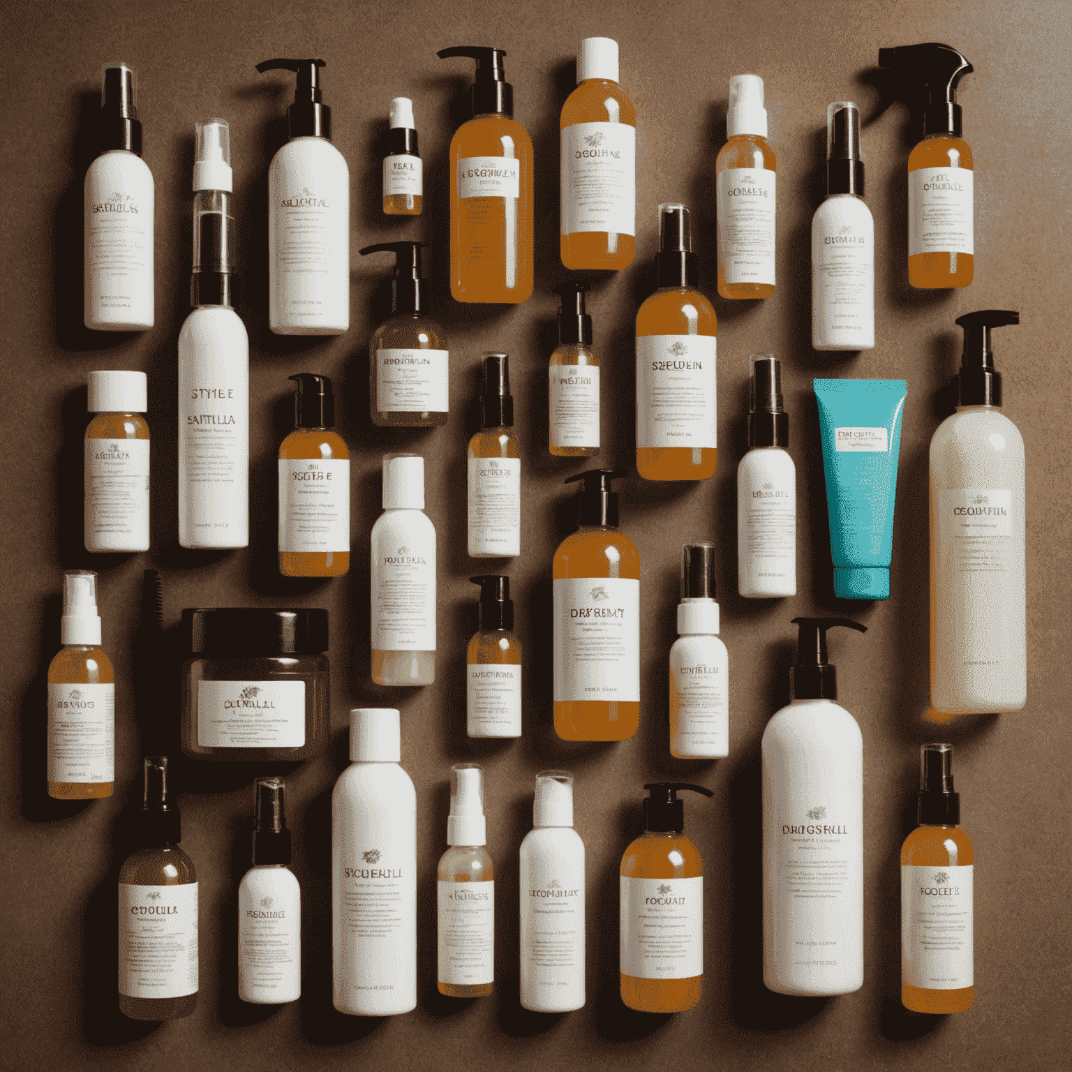 Various hair styling products arranged aesthetically, including sprays, gels, and serums