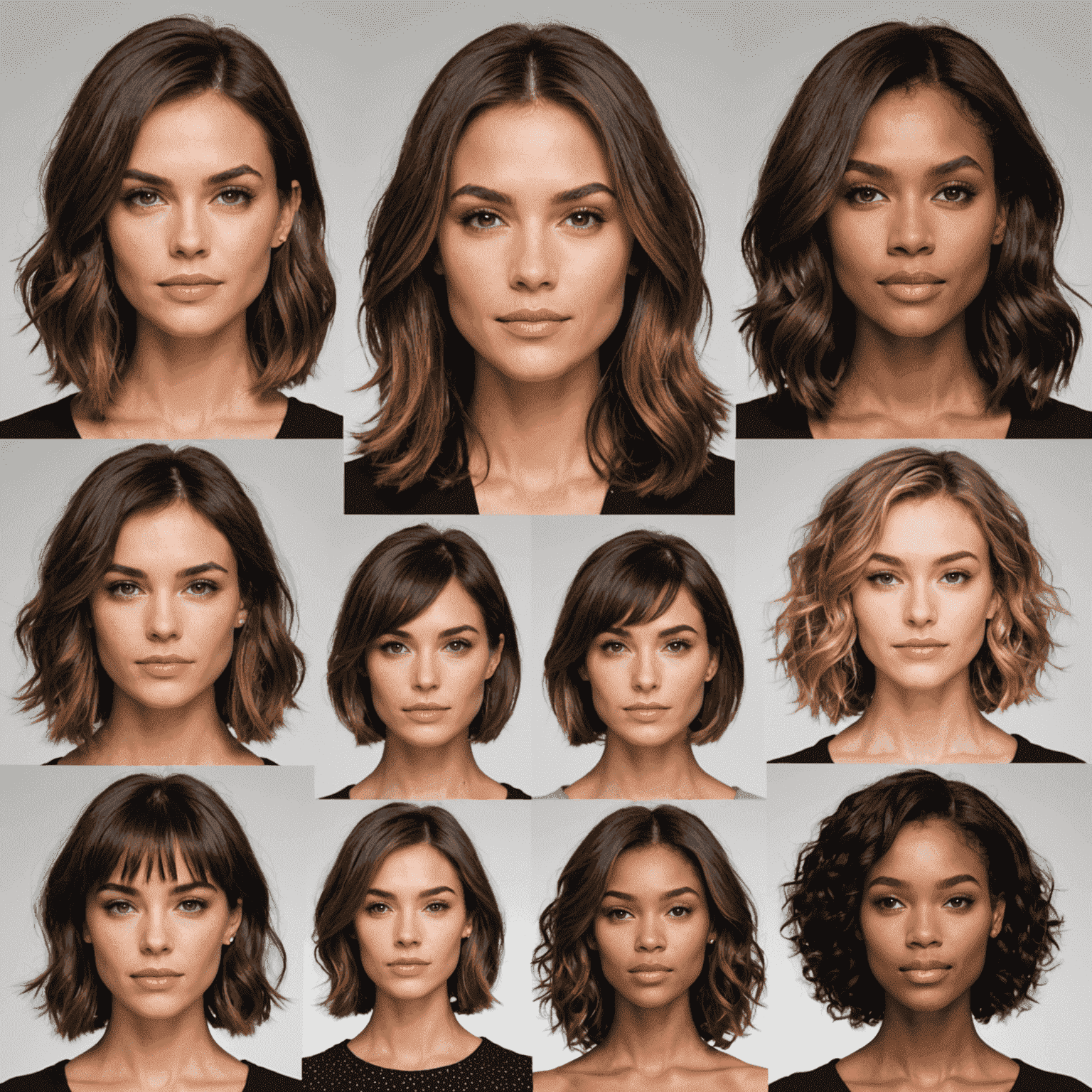 Collage of different face shapes with corresponding flattering hairstyles